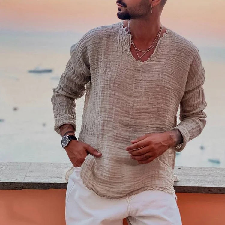 Men’s V-Neck Shirt – Relaxed Fit – Long Sleeve – Crinkled Texture – Breathable Blend