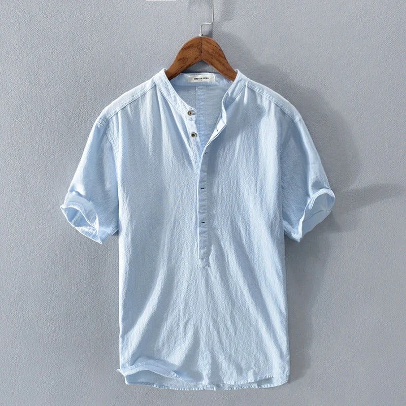 Men’s Short Sleeve Shirt – Relaxed Fit – Mandarin Collar – Natural Fibers – Casual Style