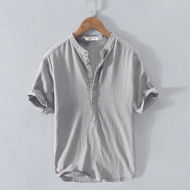 Men’s Short Sleeve Shirt – Relaxed Fit – Mandarin Collar – Natural Fibers – Casual Style