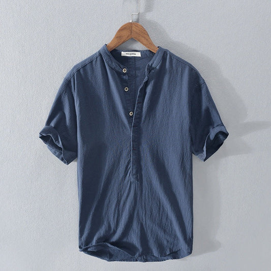 Men’s Short Sleeve Shirt – Relaxed Fit – Mandarin Collar – Natural Fibers – Casual Style