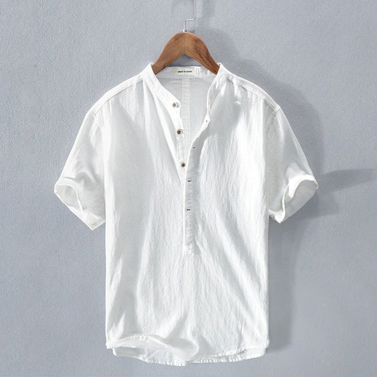 Men’s Short Sleeve Shirt – Relaxed Fit – Mandarin Collar – Natural Fibers – Casual Style