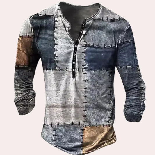 Men’s Henley Shirt – Relaxed Fit – Soft Knit – Long Sleeve – Patchwork Design