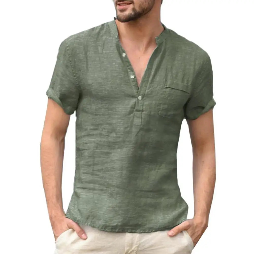 Men’s T-Shirt – Relaxed Fit – Natural Fibers – Button Placket – Chest Pocket