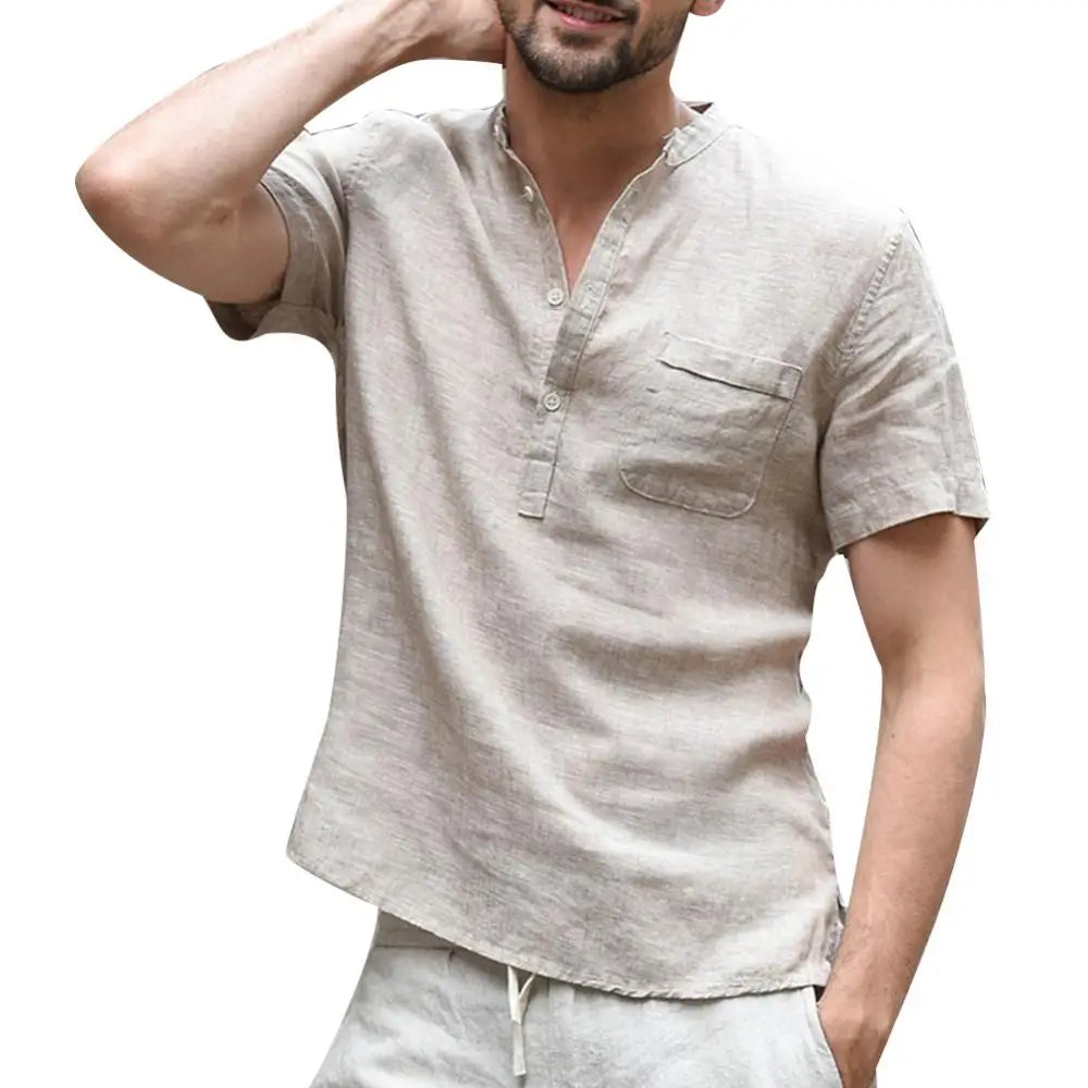 Men’s T-Shirt – Relaxed Fit – Natural Fibers – Button Placket – Chest Pocket