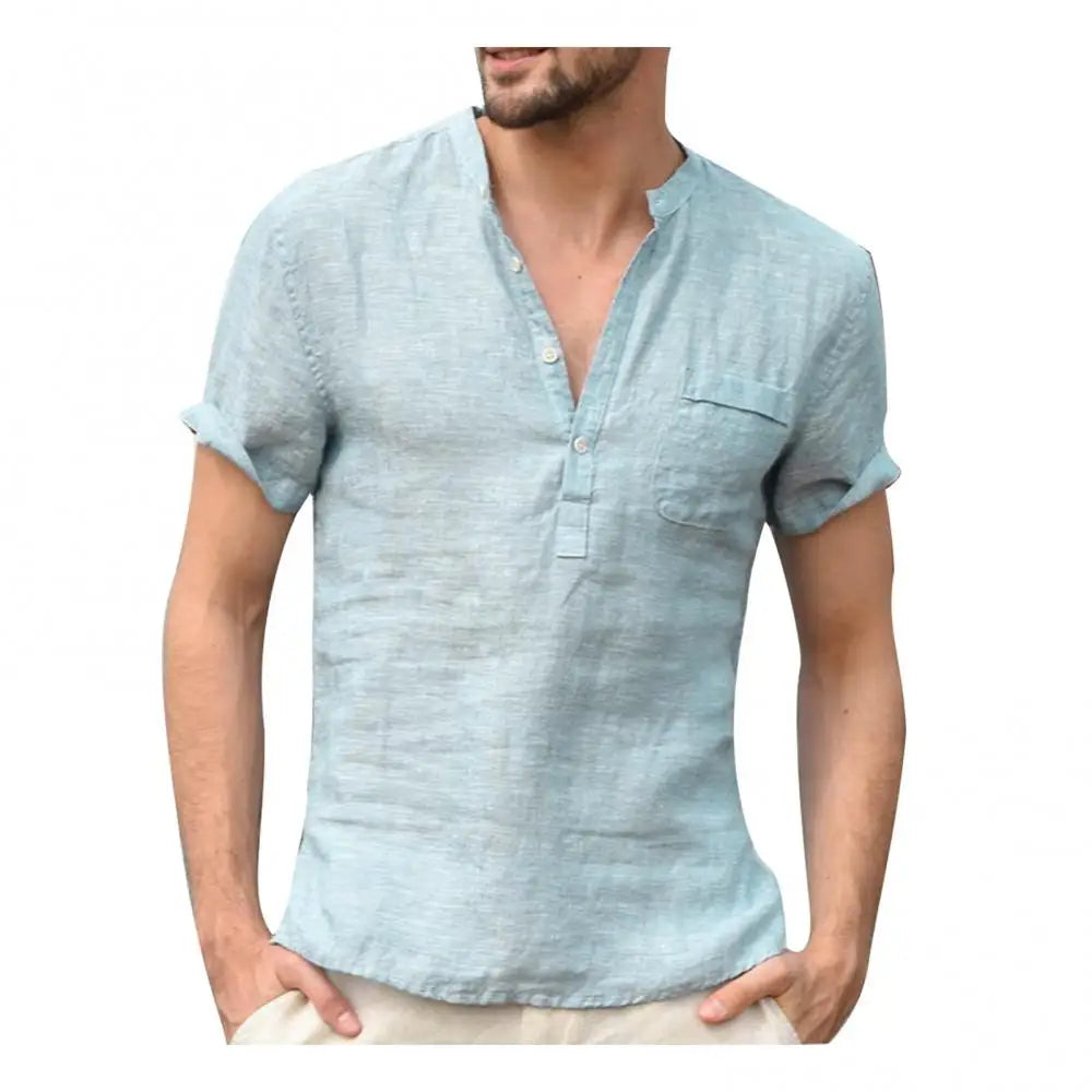 Men’s T-Shirt – Relaxed Fit – Natural Fibers – Button Placket – Chest Pocket